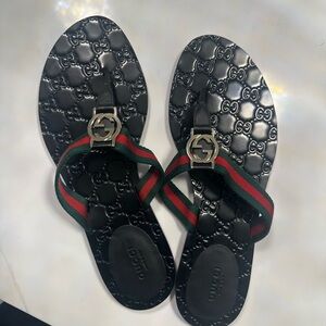 Gucci Black Sandals with Red and Green Accents